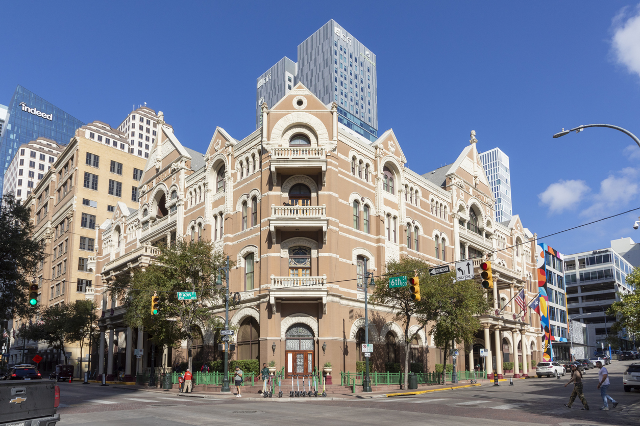acade of historic hotel the Driskill in the old town in Austin